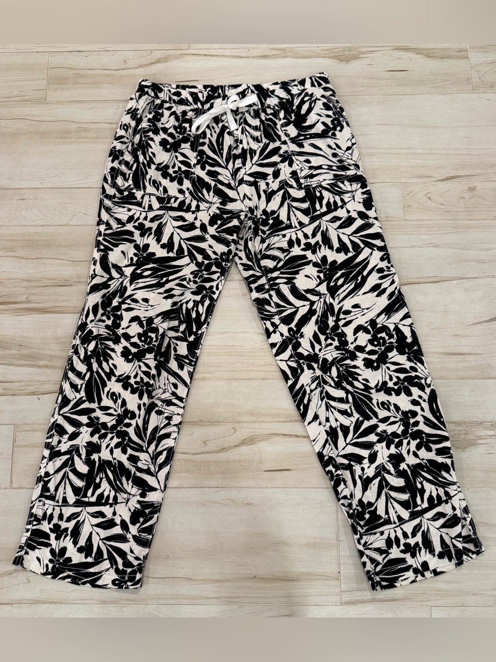 Gloria Vanderbilt Black White Linen Blend Drawstring Pants Size S